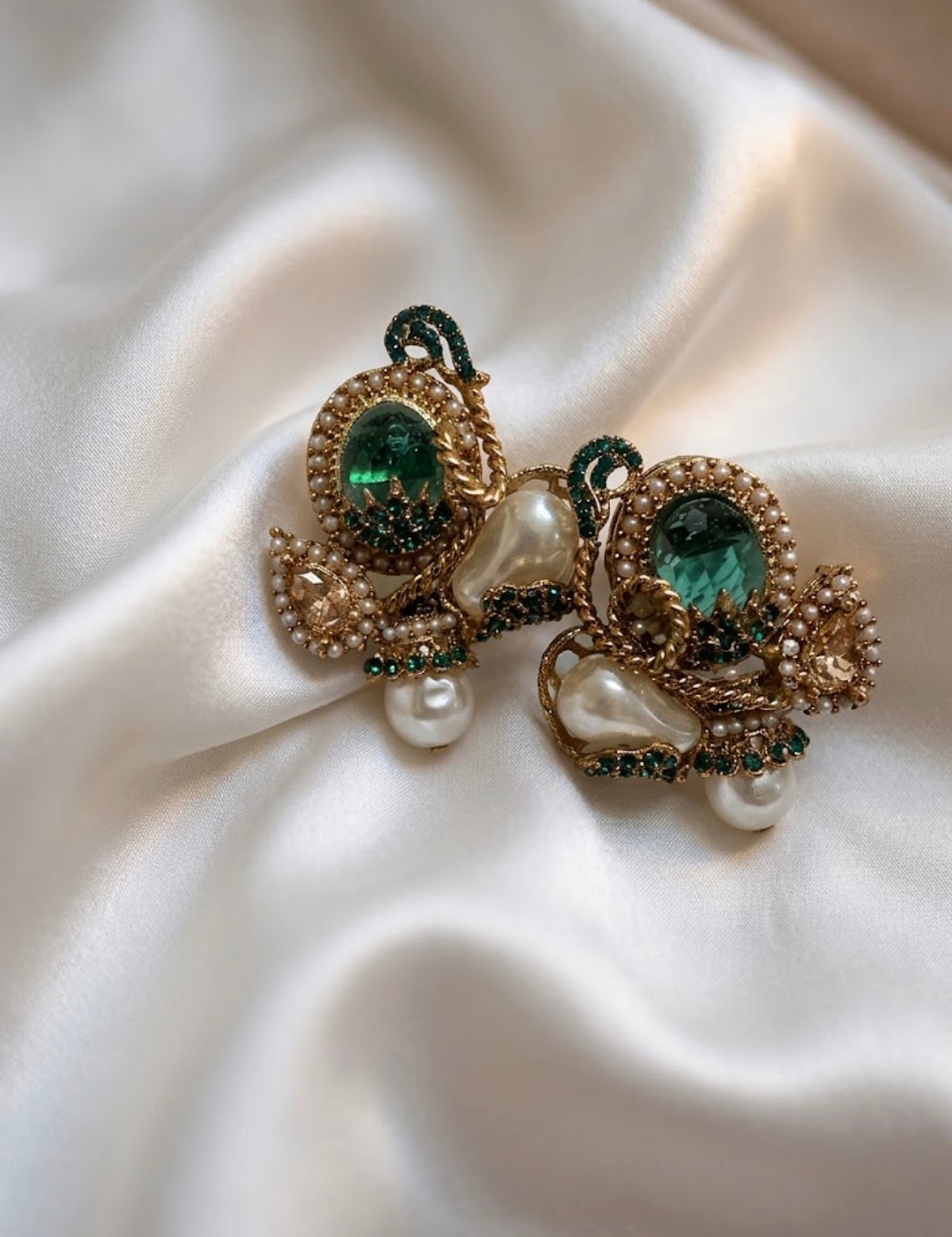 Green Gem & Pearl Vintage Statement Earrings