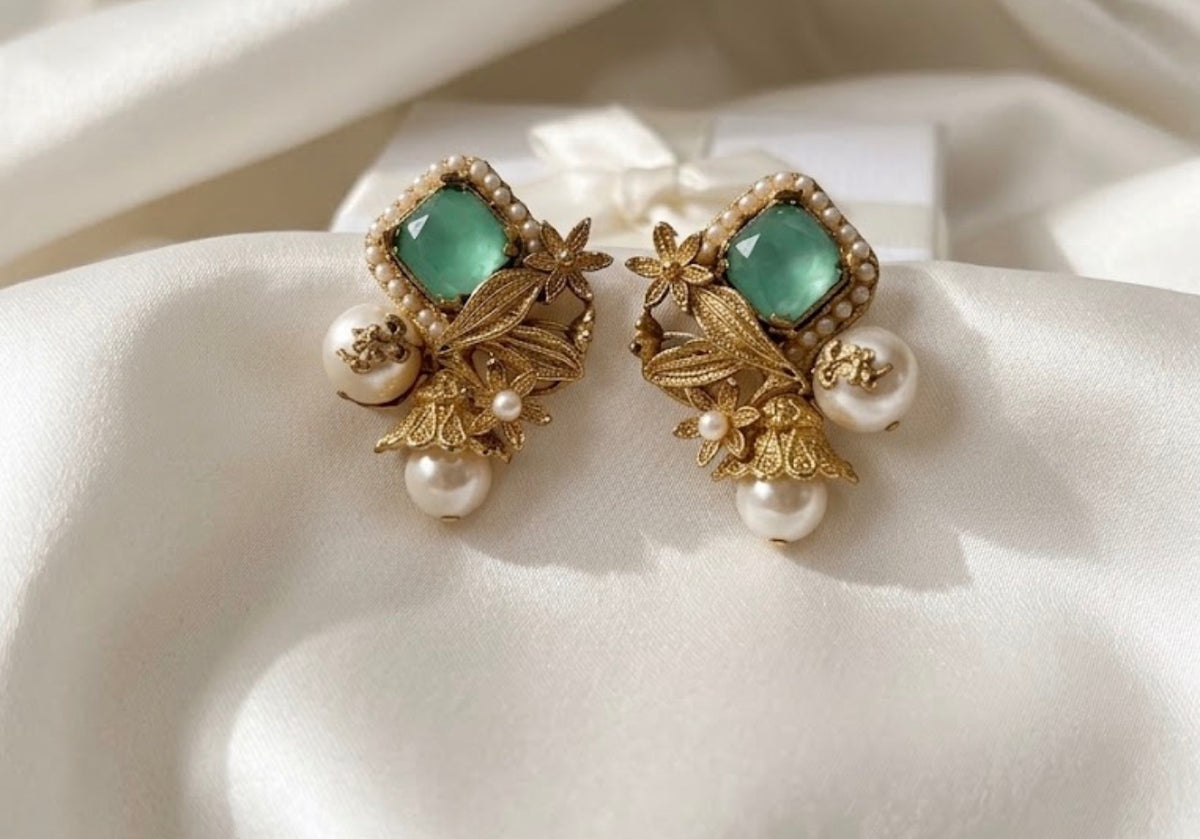 Mint Green Gem & Pearl Statement Earrings