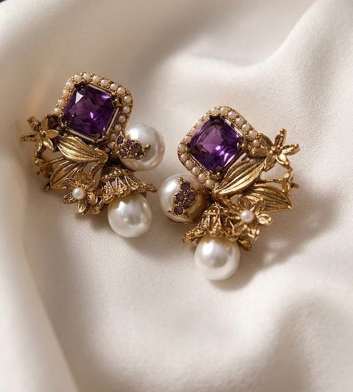 Vintage Floral Pearl & Amethyst Statement Earrings