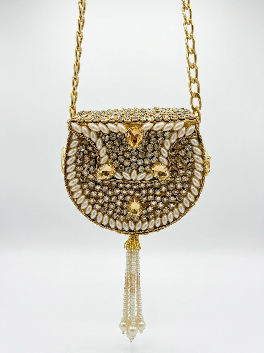 Mini pearl and champagne stone kundan clutch