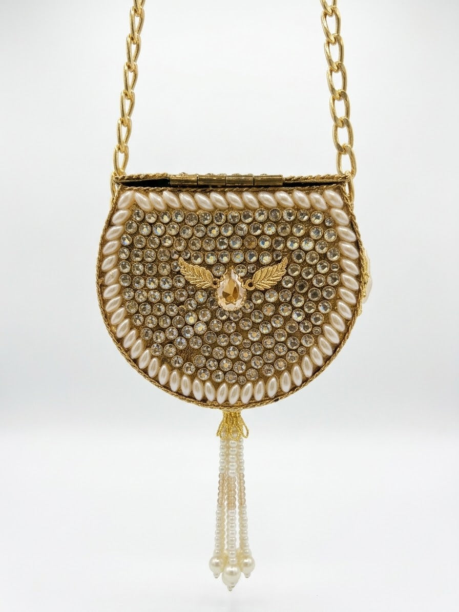 Mini pearl and champagne stone kundan clutch