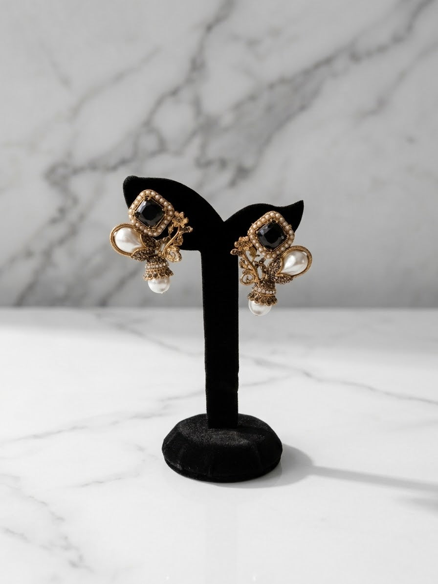 Black & Pearl Ornate Earrings