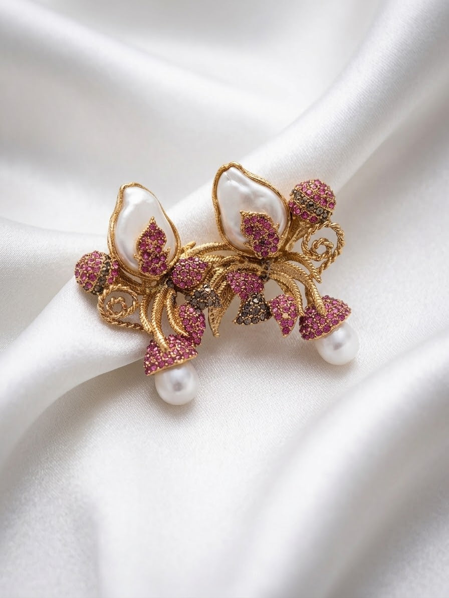 Pink Pave & Pearl Floral Earrings