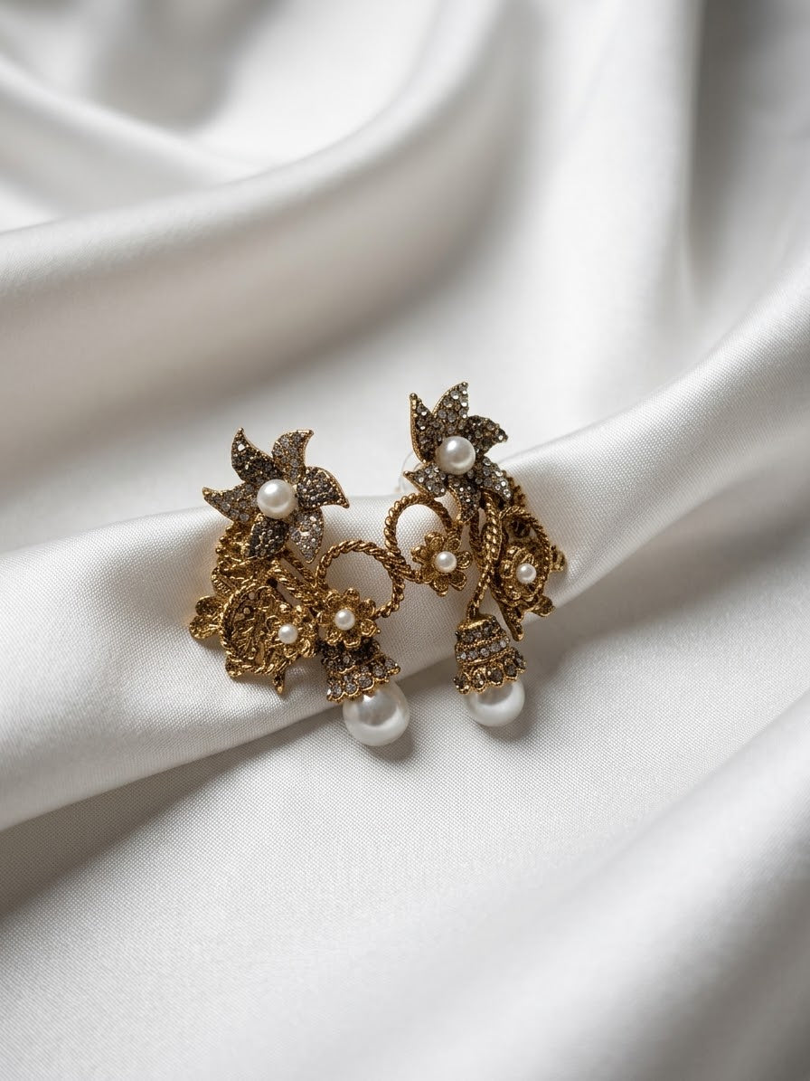 Starburst & Filigree Pearl Drop Earrings
