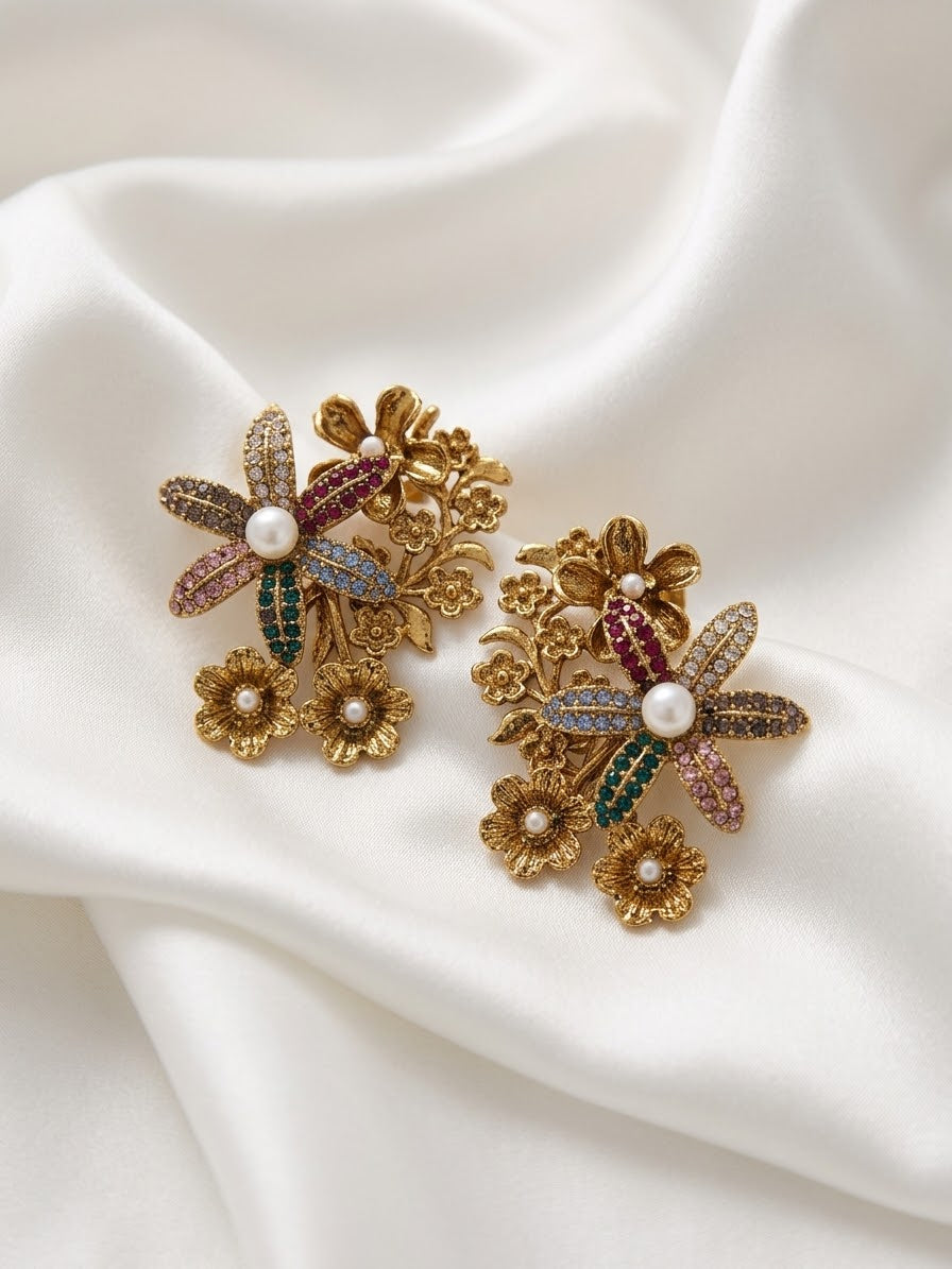 Multicolor Floral & Dragonfly Earrings