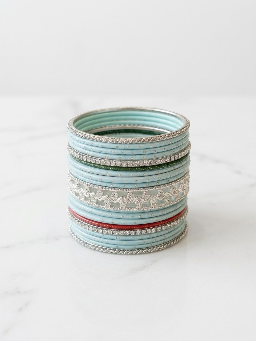 Light Blue Bangle Set with Multi-colored Accents