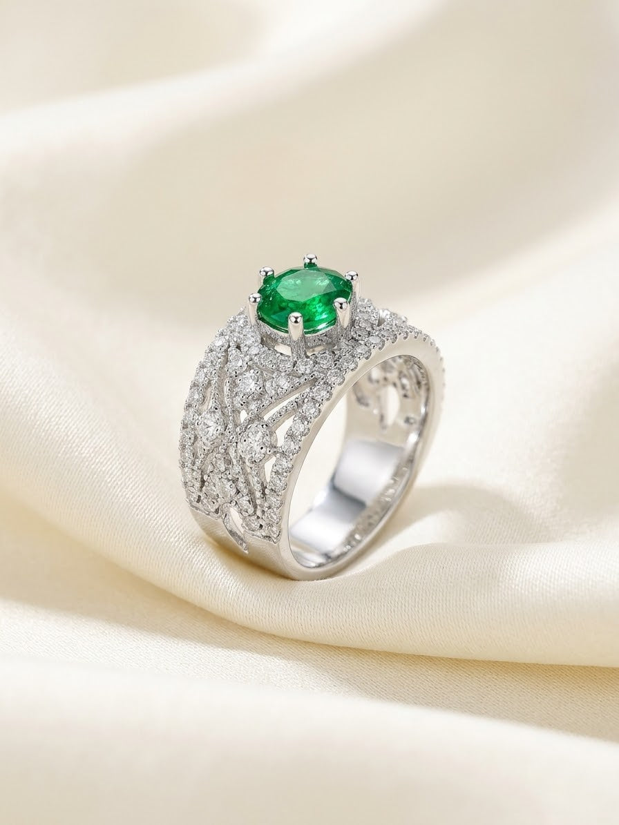 Emerald Silver Pavé Ring